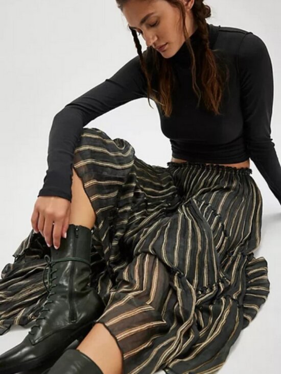 Free people Dresses & Skirts - Free People FP One Ember Printed Midi Skirt Stripe Mid-rise Asymmetrical XS